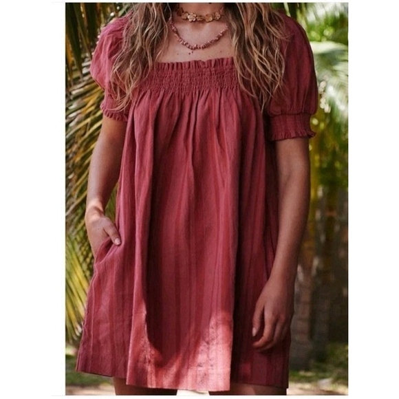 Free People Moana Stripe Puff Sleeve Mini Dress Medium Babydoll Square Neck - Picture 1 of 7